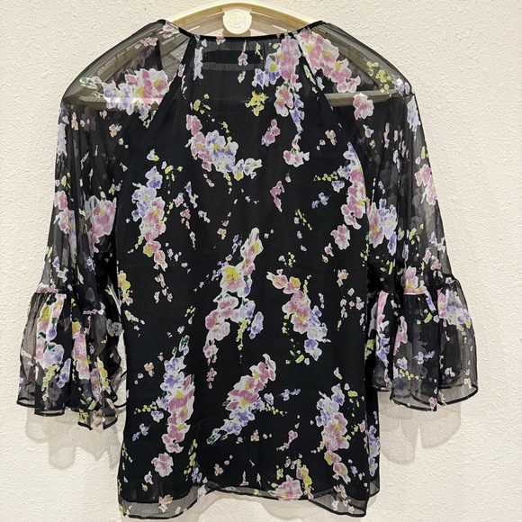 Lauren Ralph Lauren Floral Wrap Blouse Bell Sleeves Black Sheer Women’s Large - Picture 5 of 15
